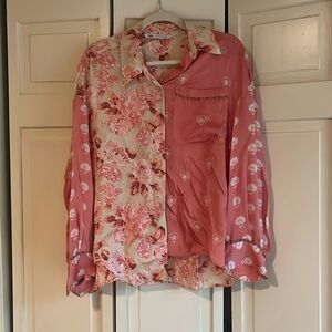 Zara Silia pink and white floral mixed-print oversized silky shirt
